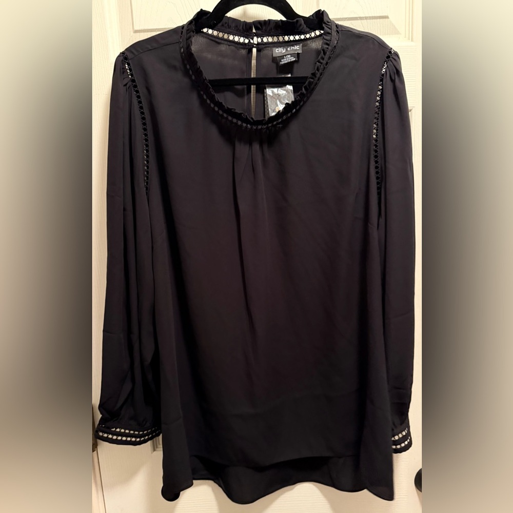 City Chic Black Blouse with Lace Trim